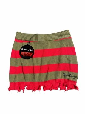 Dolls Kill Olive & Red Striped Distressed Mini Skirt